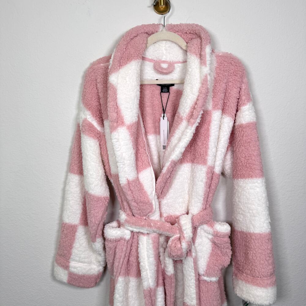 Sancturary Womens Shawl Collar Sherpa Robe Size L/XL Plush Checker Winter Pink - Picture 6 of 14